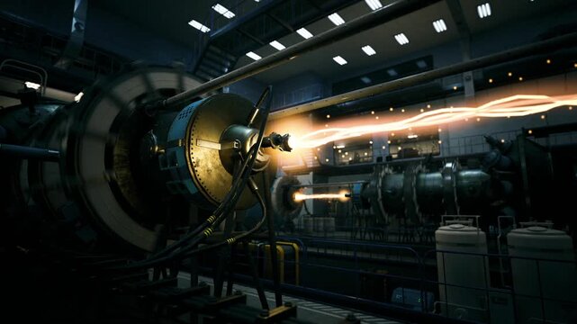 Intense plasma stream from engine prototype inside industrial lab, metallic framework and service lines surround thrust chamber, futuristic yet gritty research