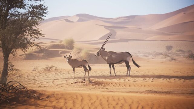 Mother gemsbok oryx with its calf standing in arid Namib Desert in Namibia, Africa, with expansive sand dunes and acacia tree on a sunny day