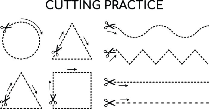 Educational cutting practice worksheet featuring dashed lines and shapes for children to develop fine motor skills