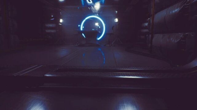 Dark corridor with glowing blue portal and reflective floor, industrial pipes lining walls, faint mist drifting, soft holographic readouts, tense atmospheric