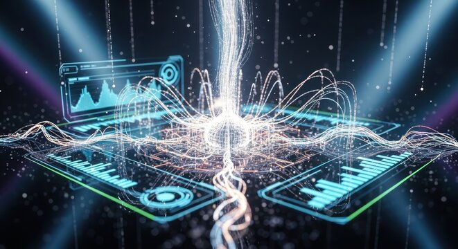 Abstract digital interface with glowing data visualization on dark background