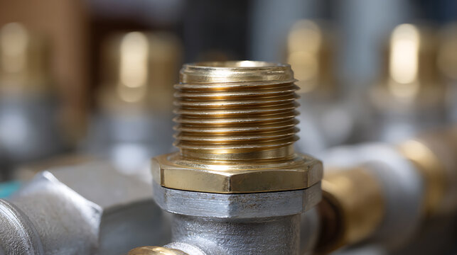 Close-up detail of a brass threaded pipe fitting, showcasing industrial metalwork and plumbing components for various mechanical systems