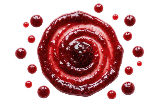 Red berry jam swirl on white background, sweet raspberry sauce splash with droplets, gourmet strawberry fruit preserve texture for dessert topping
