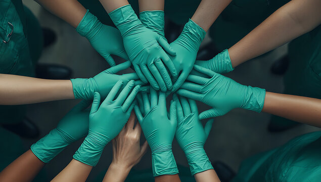 Medical team of doctors and nurses stacking hands together in a circle wearing green surgical gloves to show unity and teamwork in a hospital