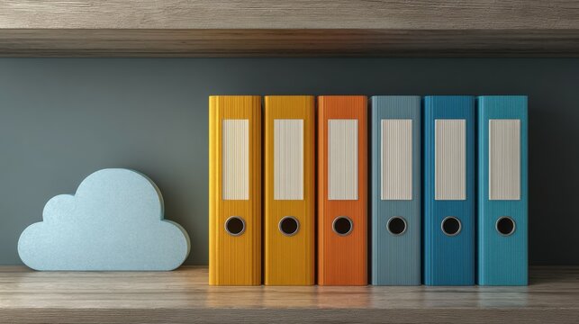 Colorful folders and a cloud shape on a shelf in a simple office space