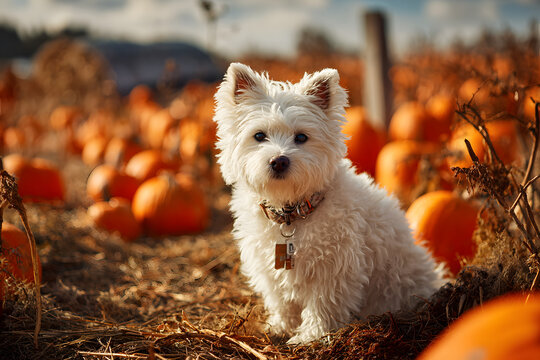 A pumpkin patch in the autumn season with a white dog