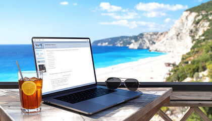 Obraz premium Embrace the digital nomad lifestyle with a laptop and iced tea overlooking a stunning turquoise beach. Perfect for travel, remote work, and freedomthemed marketing and blog content.