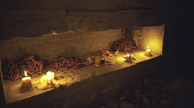 Desolate church with aged relics and dim atmosphere. Weathered sanctuary adorned with ancient artifacts and softly glowing candlelight in shadows