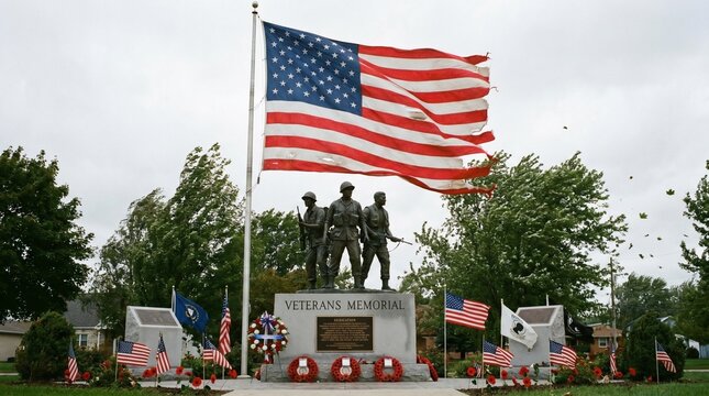 Military Veterans Memorial Monument with Three Servicemen Statue and US Flag.