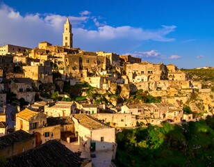 Naklejka premium Ancient cityscape bathed in golden sunlight, featuring clustered stone buildings, a prominent church tower, and a dramatic sky