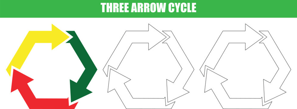 Three arrow cycle hexagon loop infographic set representing recycling sustainability and continuous process workflow.