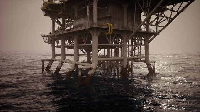 Water reflection imagery. Bright sun illuminating offshore platform reflections. Glistening waves mirror offshore platform under bright sunlight