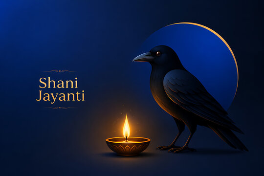 Minimalist illustration of a black crow beside a burning oil lamp for happy shani jayanti celebrating the powerful lord shani in a deep blue background