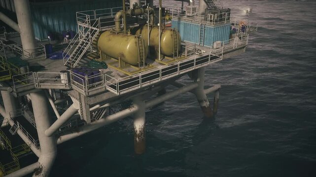 Rusted storage tanks on offshore rig yellow vessels mounted on support beams, peeling paint, welded seams, bolted flanges, shadowed walkway, gritty industrial