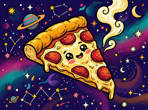 Cute kawaii pepperoni pizza slice character floating in outer space among stars and planets in a colorful pop art halftone illustration.