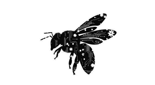 Intricate digital bee illustration with circuit board patterns and starry accents
