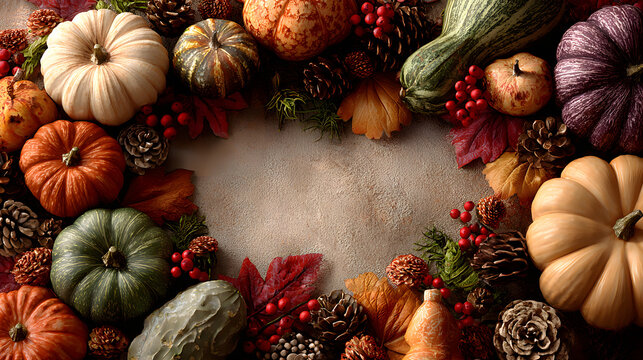 A frame that consists of gourds, pine cones, autumn leaves, and berries for Thanksgiving.