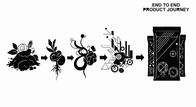 Conceptual illustration showing the end to end product journey from raw material to packaged goods.