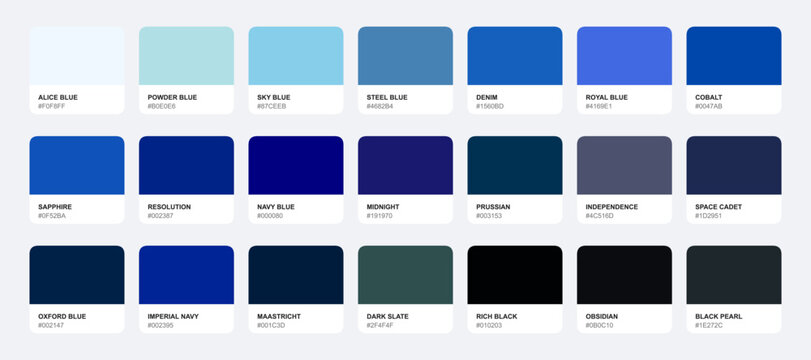 Blue color palette set with navy sky royal and indigo swatch