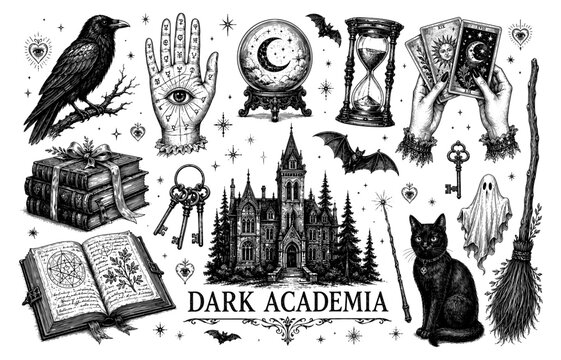 Dark academia set with raven mansion book and cat in vintage engraving