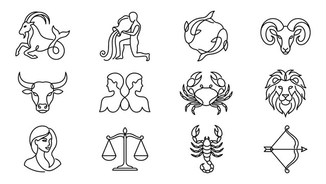 Zodiac astrology sign set with aries taurus gemini in thin line