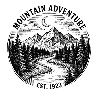 Mountain adventure badge with pine forest and river vintage engraving