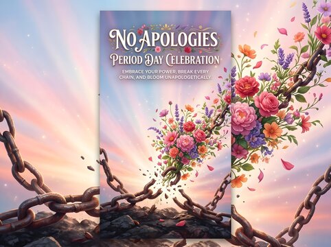No Apologies Period Day Celebration poster, breaking metal chains with blooming flowers, menstrual health empowerment concept art