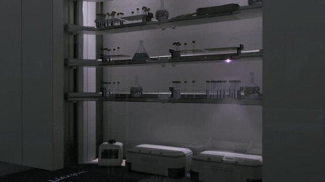 Sleek prototype weapon showroom with leds, horizontal display rails, modular components, matte finishes, accent lighting, inspection drone port, showroomstyle