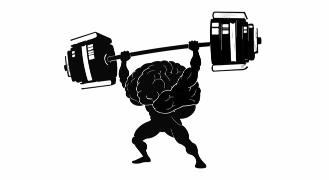 Muscular silhouette lifting heavy barbell with a giant brain as its head, symbolizing mental strength and power.
