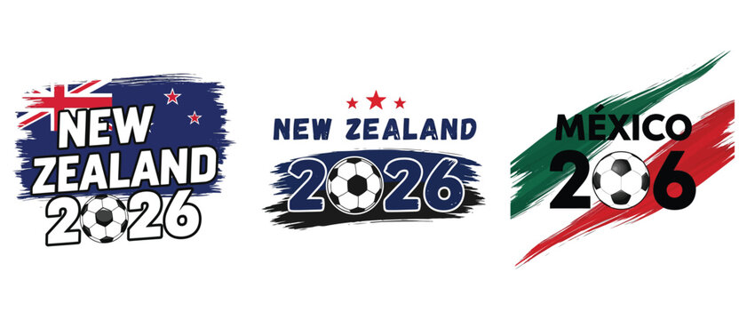 Set of soccer tournament logos for new zealand and mexico 2026 with football ball and national flag colors