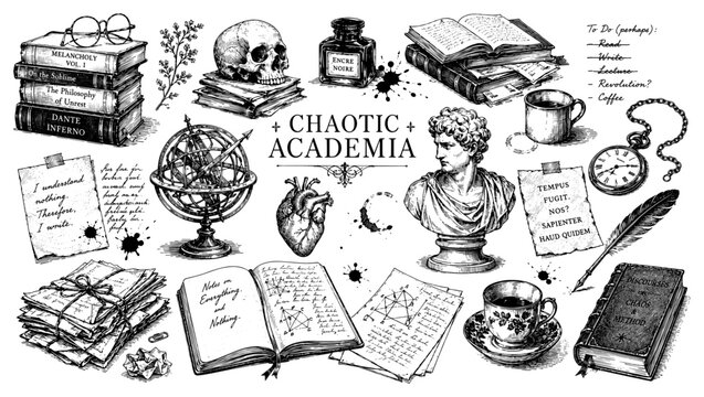Chaotic academia set with book skull bust and armillary in vintage engraving