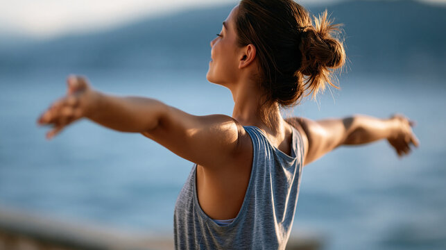 Faceless woman doing a back stretch outdoors near the ocean with arms spread for a yoga, workout, and nature wellness concept. Defocused ocean background. Back stretch ocean,