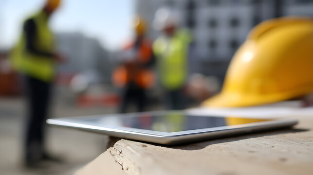 Digital tablet and hard hat on focus with blurred construction workers and building site in background, represent modern construction projects