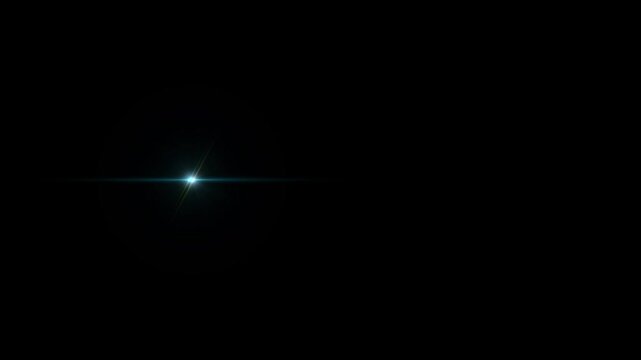 Dynamic blue camera lens flare with ethereal light rays, sparkling bokeh circles, striking blue lens flare featuring a sharp starburst emanating light rays on black screen, ultra hd motion graphics 4k