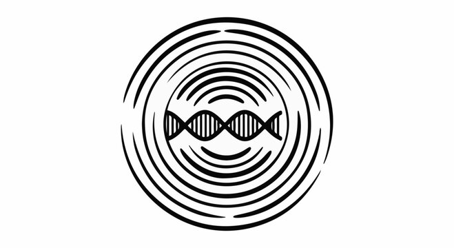 Abstract circular waves emanate from a central DNA helix, symbolizing science and connection.