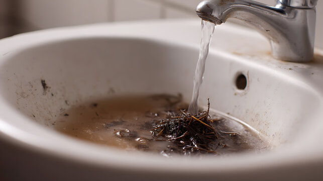 Close-up of dirty bathroom sink with running water and clogged drain, showing accumulated debris and a need for plumbing maintenance