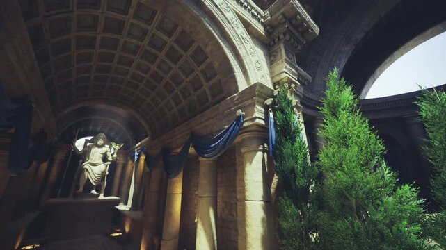 Golden hour entrance with carved lion, vaulted archway, trailing banners, mossed stone, soft rays filtering through lattice, cinematic texture, quiet