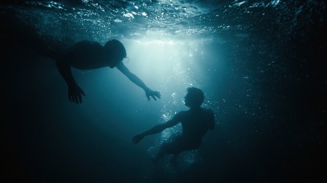 Underwater rescue scene with one person reaching out to save another