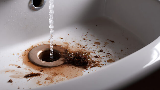 Close-up of a dirty sink with water flowing into a clogged drain, showcasing a common household problem that requires immediate attention and repair