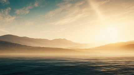 Obraz premium Sunrise over water with mountains in the background and light clouds