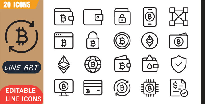 Isolated crypto wallet icons set, 20 editable line art icons set, blockchain bitcoin ethereum finance digital secure payment technology token, crypto finance tools, minimal clean outline vector