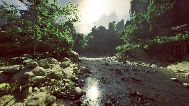 lush riverside foliage framing shallow stream, sunlight filtering through dense canopy, damp stones and mossy roots creating soothing, wellness oriented scene