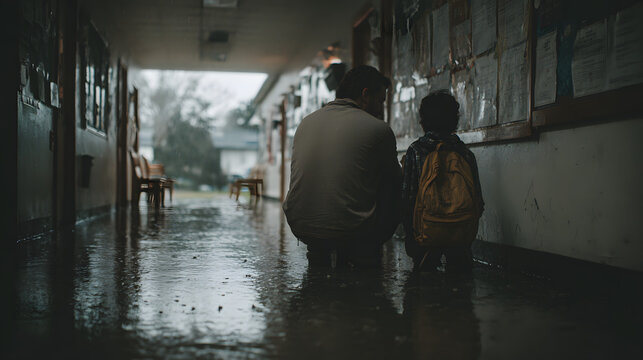 The hallway of an elementary school is filled with rain with a bilingual aide kneeling beside a shy ESL student clutching a backpack, a Spanish language poster visible on the wall, and the anxieties o