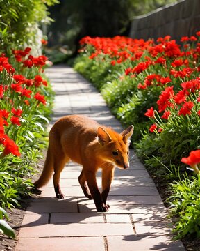 A scarlet dhole rat genetic hybrid experiment ai-generated, fictional species  on a walkway