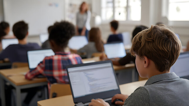 Young students focus intently on laptops during a lesson in a modern classroom, engaged in digital learning with a teacher present