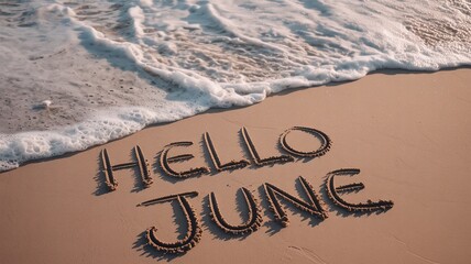 Hello June beach sand writing with soft wave foam and calm ocean water tide