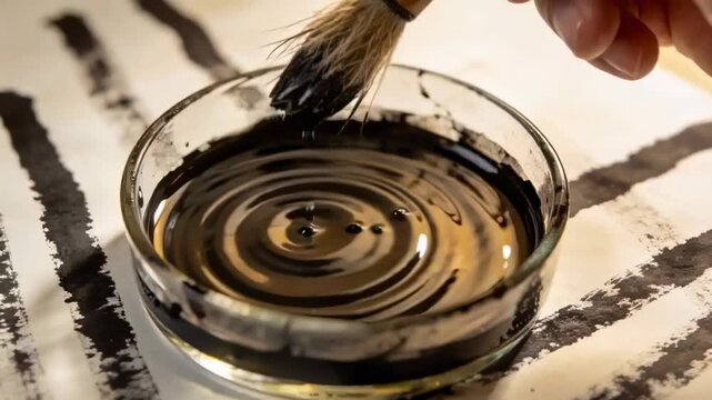 Dipping right-hand bamboo brush preparing for calligraphy at tabletop, creating ripples in ink bowl