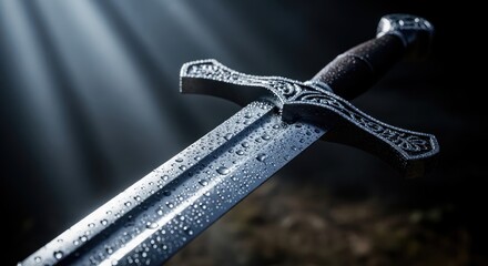 Obraz premium Close up of a medieval sword with decorative hilt and light beams