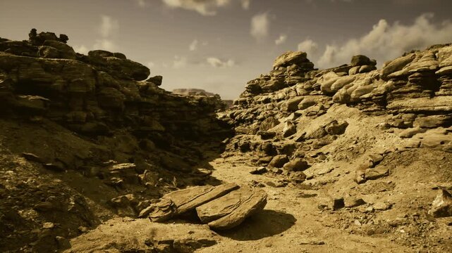 heat haze shimmering across cracked rocky basin, mirage effect and blazing sunlight create shimmering glare, textured stones and distant ridgelines