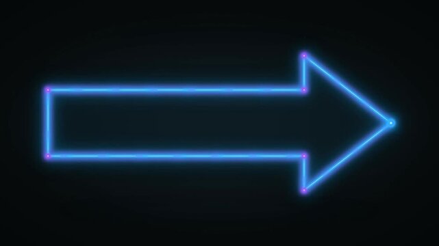 Neon colors arrow pointing right, glowing electric light pointer on black background, futuristic digital navigation symbol for motion graphics